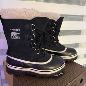 Sorel Caribou Black Boots with White Trim